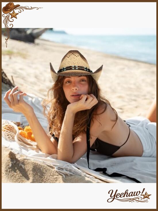 Straw Cowboy Hat with 3 Decorative Bands, One Size Fits Most Adults